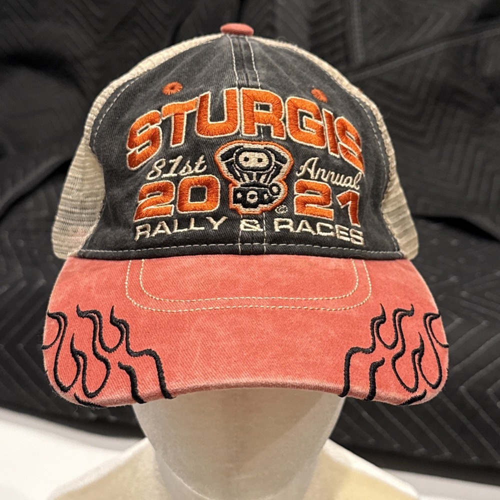 Sturgis Motorcycle Rally 2021 Hat 81st Annual Trucker Cap Black Orange Flame